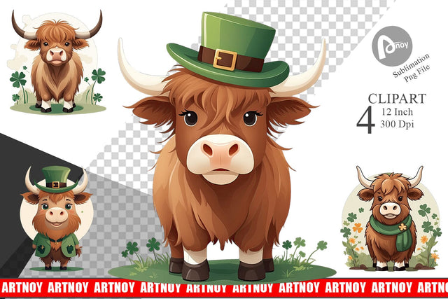 Highland Cow St. Patrick Clipart Sublimation artnoy 