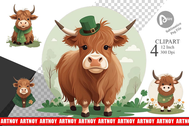 Highland Cow St. Patrick Clipart Sublimation artnoy 