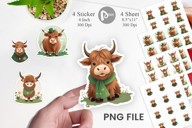 Highland Cow St. Patrick Sticker Sublimation artnoy 