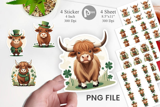 Highland Cow St. Patrick Sticker Sublimation artnoy 