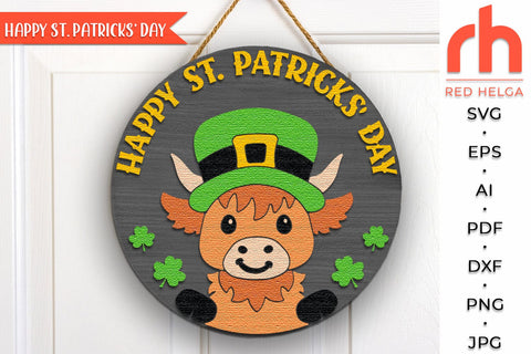 Highland Cow St Patricks Day Door Sign, St Pattys Day Hanger SVG RedHelgaArt 