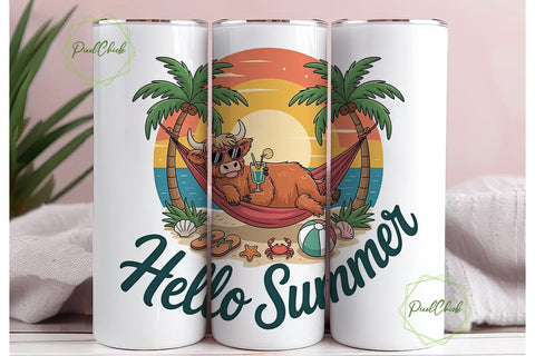 Highland Cow Summer 20oz Tumbler Wrap Sublimation PixelChick 