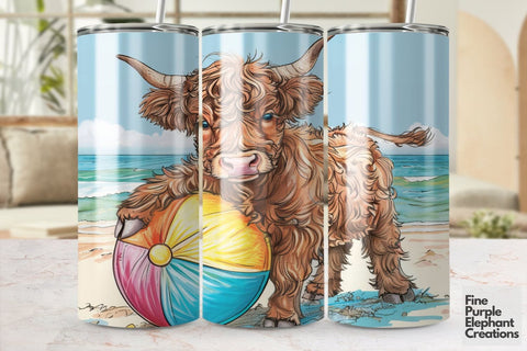 Highland Cow Summer Beach Ball Sublimation Tumbler Wrap Sublimation Fine Purple Elephant Creations 