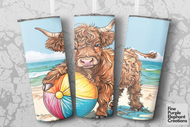 Highland Cow Summer Beach Ball Sublimation Tumbler Wrap Sublimation Fine Purple Elephant Creations 