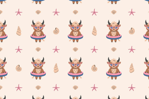 Highland Cow Summer Beach Seamless Pattern & Digital Paper Digital Pattern Rin Green 