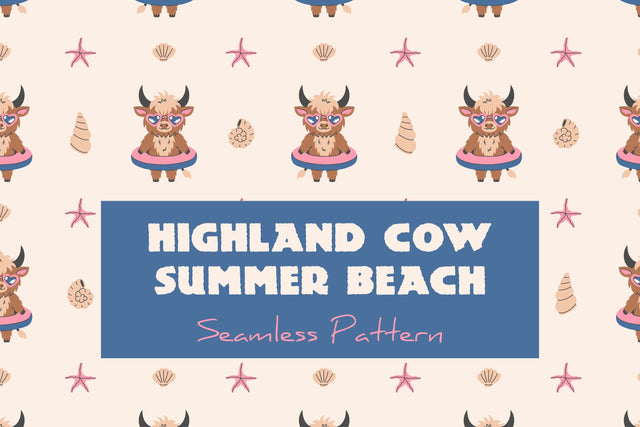Highland Cow Summer Beach Seamless Pattern & Digital Paper Digital Pattern Rin Green 