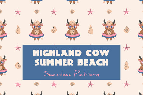 Highland Cow Summer Beach Seamless Pattern & Digital Paper Digital Pattern Rin Green 
