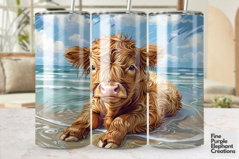 Highland Cow Summer Beach Vacation Sublimation Tumbler Wrap Sublimation Fine Purple Elephant Creations 