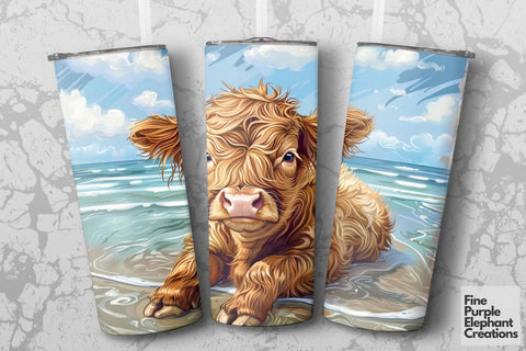 Highland Cow Summer Beach Vacation Sublimation Tumbler Wrap Sublimation Fine Purple Elephant Creations 