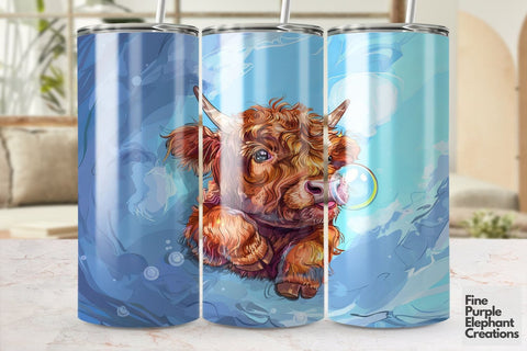 Highland Cow Summer Ocean Bubbles Sublimation Tumbler Wrap Sublimation Fine Purple Elephant Creations 