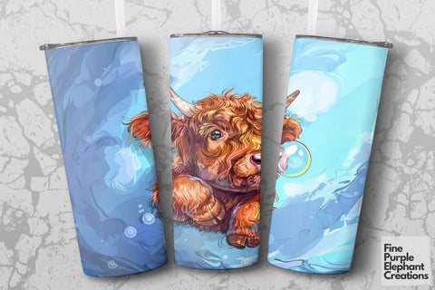 Highland Cow Summer Ocean Bubbles Sublimation Tumbler Wrap Sublimation Fine Purple Elephant Creations 