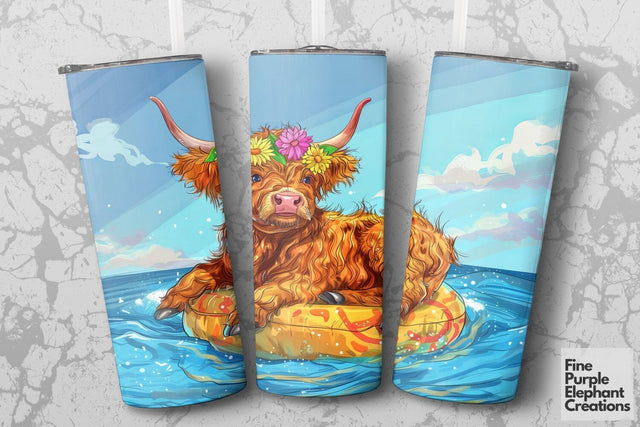 Highland Cow Summer Ocean Float Sublimation Tumbler Wrap Sublimation Fine Purple Elephant Creations 