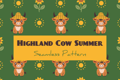Highland Cow Summer Seamless Pattern & Digital Paper Digital Pattern Rin Green 