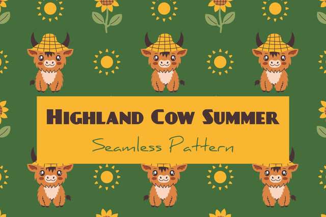 Highland Cow Summer Seamless Pattern & Digital Paper Digital Pattern Rin Green 