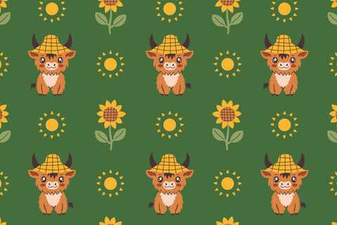 Highland Cow Summer Seamless Pattern & Digital Paper Digital Pattern Rin Green 