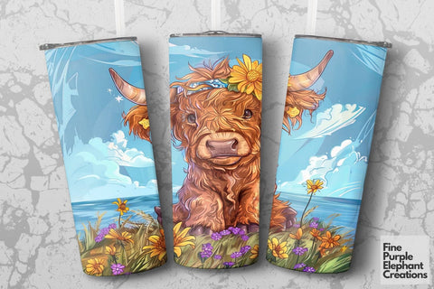 Highland Cow Summer Sunflower Crown Sublimation Tumbler Wrap Sublimation Fine Purple Elephant Creations 