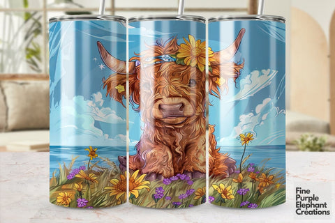 Highland Cow Summer Sunflower Crown Sublimation Tumbler Wrap Sublimation Fine Purple Elephant Creations 