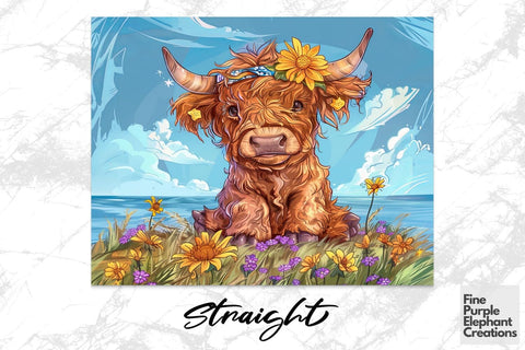 Highland Cow Summer Sunflower Crown Sublimation Tumbler Wrap Sublimation Fine Purple Elephant Creations 
