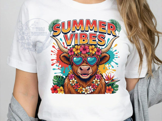 Highland Cow Summer T-Shirt PNG, Summer Vibes, Tropical Moo-ds, Cowgirl Summer, Sublimation PNG, Country Style, Beach Fashion Sublimation ToriDesigns 