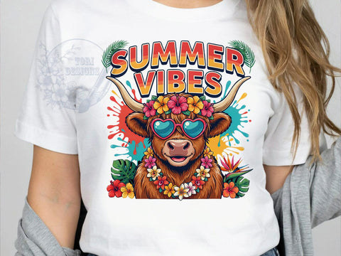 Highland Cow Summer T-Shirt PNG, Summer Vibes, Tropical Moo-ds, Cowgirl Summer, Sublimation PNG, Country Style, Beach Fashion Sublimation ToriDesigns 