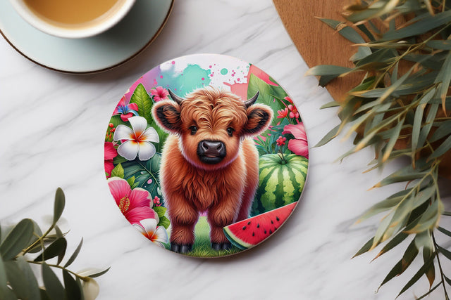 Highland Cow Summer Tropical Coaster Design - PNG Sublimation BijouBay 