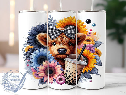 Highland Cow Sunflower 20oz Skinny Tumbler, Highland Cow Tumbler Png, Straight & Tapered Tumbler Wrap, Instant Digital Download Sublimation ToriDesigns 
