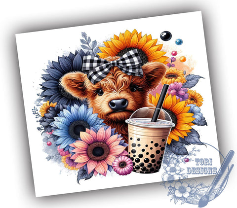 Highland Cow Sunflower 20oz Skinny Tumbler, Highland Cow Tumbler Png, Straight & Tapered Tumbler Wrap, Instant Digital Download Sublimation ToriDesigns 