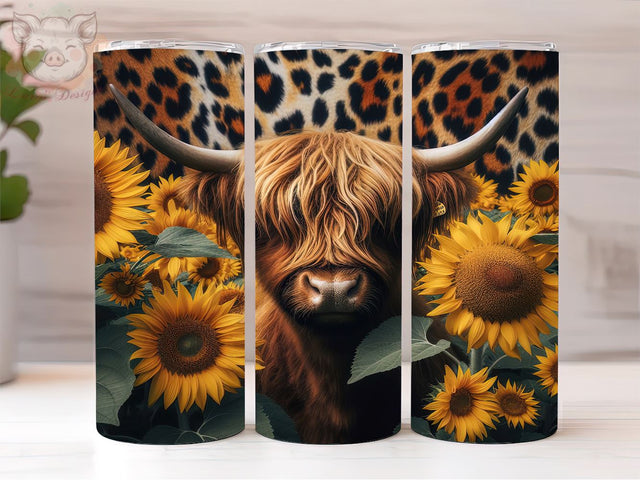 Highland Cow Sunflower 20oz Tumbler Png, Straight & Tapered Tumbler Png, Leopard Sunflower Tumbler Png, Digital Download PNG Sublimation Lara' s Designs 
