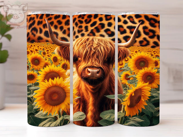 Highland Cow Sunflower 20oz Tumbler Png, Straight & Tapered Tumbler Png, Leopard Sunflower Tumbler Png, Digital Download PNG Sublimation Lara' s Designs 
