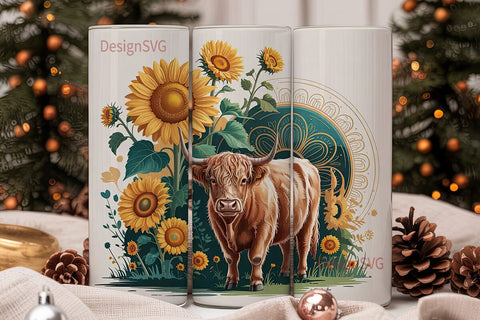 Highland Cow & Sunflower 20oz Tumbler Sublimation DesignSVG 