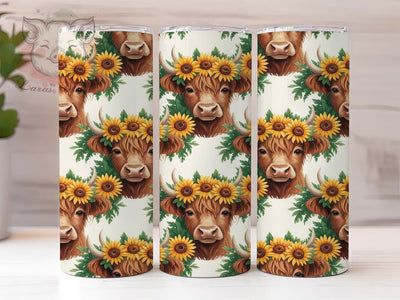 Highland Cow Sunflower 20oz Tumbler, Sunflower Crown, Spring Pattern, Whimsical Cow, Seamless Design, Skinny Tumbler, Sublimation PNG Sublimation Lara' s Designs 