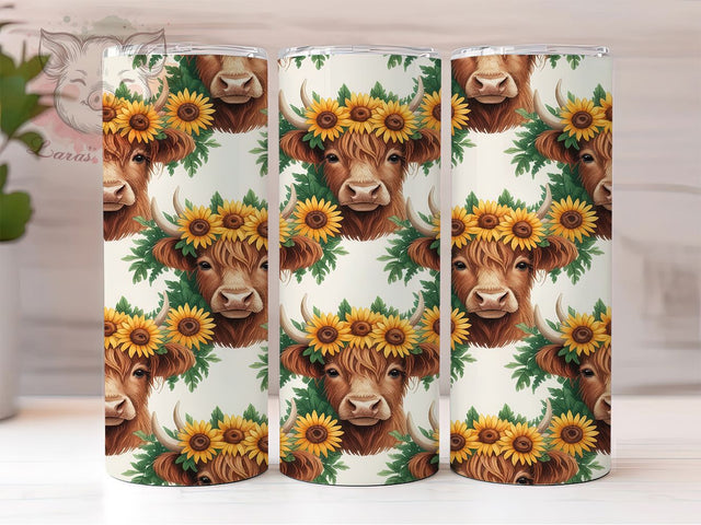 Highland Cow Sunflower 20oz Tumbler, Sunflower Crown, Spring Pattern, Whimsical Cow, Seamless Design, Skinny Tumbler, Sublimation PNG Sublimation Lara' s Designs 