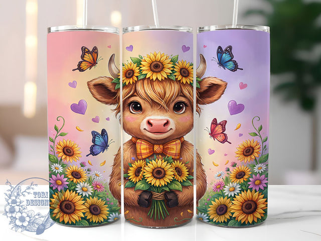 Highland Cow Sunflower 20oz Tumbler, Sunflower Design, Anthropomorphic Animal, Cute Cow Calf, Rustic Farmhouse, Skinny Tumbler, Sublimation PNG Sublimation ToriDesigns 