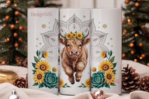 Highland Cow Sunflower 20oz Tumbler Wrap Sublimation DesignSVG 