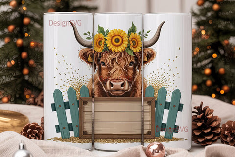 Highland Cow Sunflower 20oz Tumbler Wrap Sublimation DesignSVG 