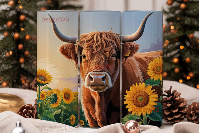 Highland Cow Sunflower 20oz Tumbler Wrap Sublimation DesignSVG 