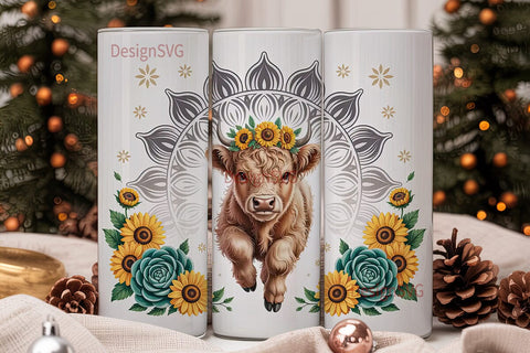 Highland Cow Sunflower 20oz Tumbler Wrap Sublimation DesignSVG 
