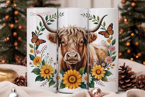 Highland Cow Sunflower 20oz Tumbler Wrap Sublimation DesignSVG 