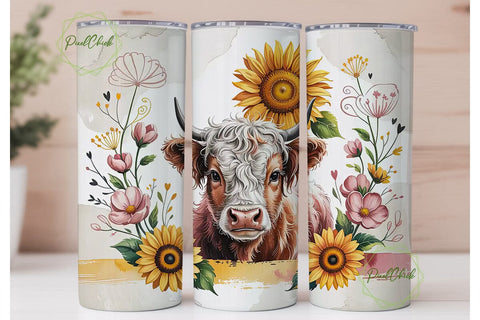 Highland Cow Sunflower 20oz Tumbler Wrap Sublimation PixelChick 
