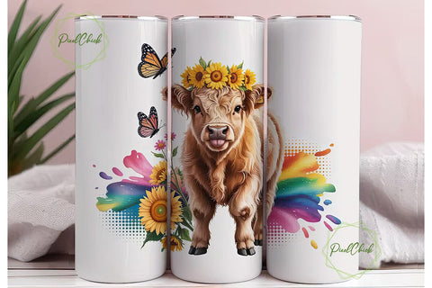 Highland Cow Sunflower 20oz Tumbler Wrap Sublimation PixelChick 
