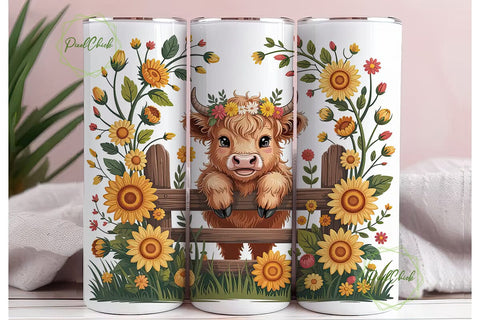 Highland Cow Sunflower 20oz Tumbler Wrap Sublimation PixelChick 