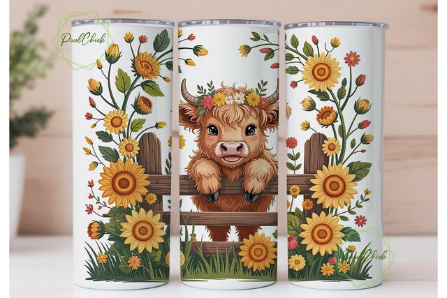 Highland Cow Sunflower 20oz Tumbler Wrap Sublimation PixelChick 