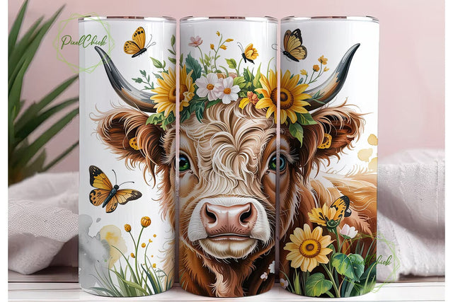 Highland Cow Sunflower 20oz Tumbler Wrap Sublimation PixelChick 