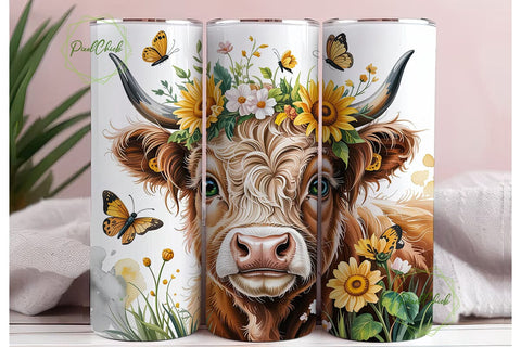 Highland Cow Sunflower 20oz Tumbler Wrap Sublimation PixelChick 
