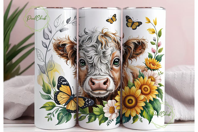 Highland Cow Sunflower 20oz Tumbler Wrap Sublimation PixelChick 