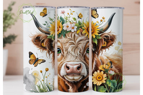 Highland Cow Sunflower 20oz Tumbler Wrap Sublimation PixelChick 