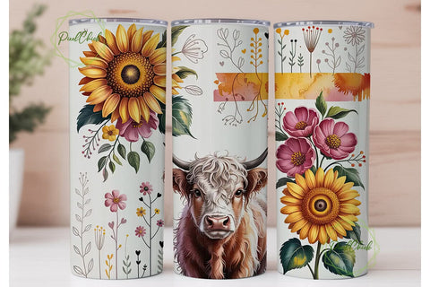 Highland Cow Sunflower 20oz Tumbler Wrap Sublimation PixelChick 