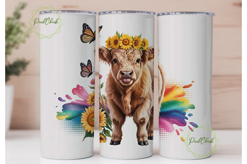 Highland Cow Sunflower 20oz Tumbler Wrap Sublimation PixelChick 