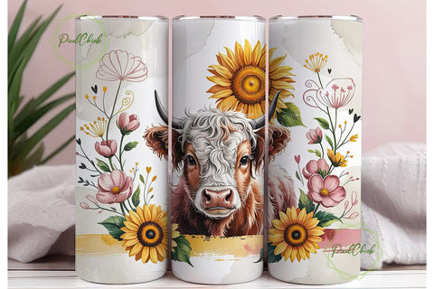 Highland Cow Sunflower 20oz Tumbler Wrap Sublimation PixelChick 