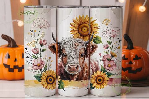 Highland Cow Sunflower 20oz Tumbler Wrap Sublimation PixelChick 